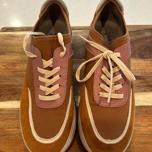 Naturalizer Women's Sneakers 9M Tan Pink Leather & Fabric Upper Ties NEW
